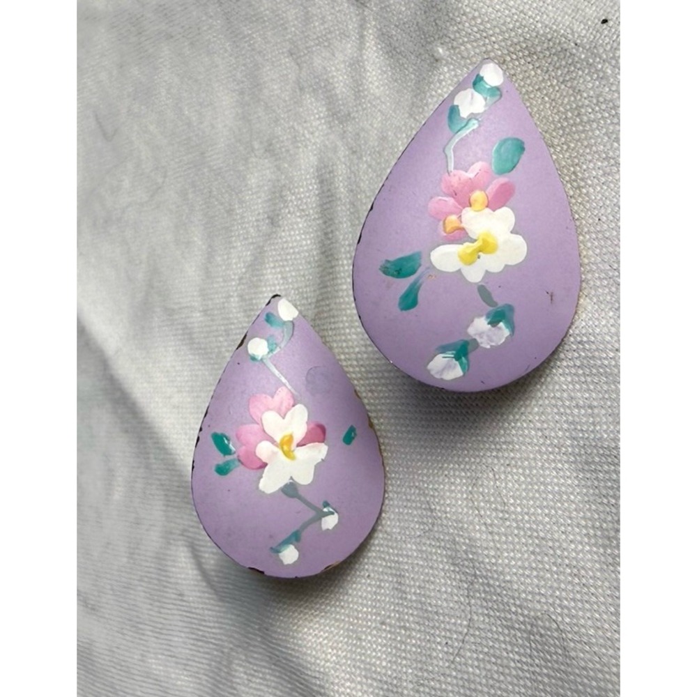 Vintage Pink Purple Green Floral Teardrop Small Gold Tone Clip On‎ Earrings